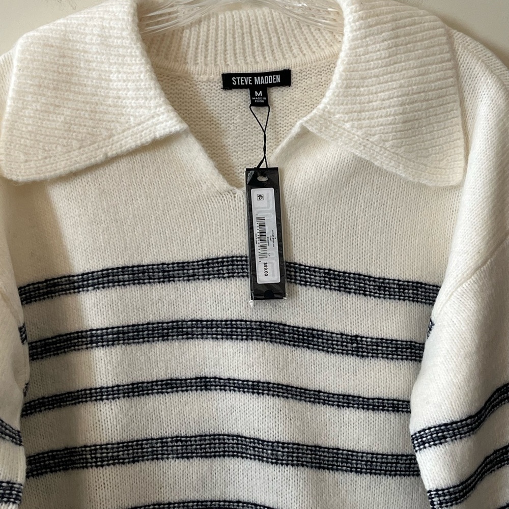 Steve Madden Navy and White Designer Collar Striped Sweater Women’s Medium - Picture 8 of 15